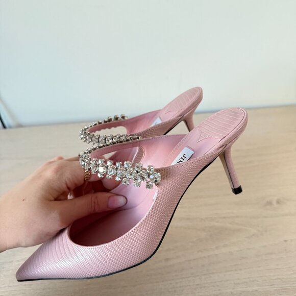 Jimmy Choo Bing 65 Mules Pink Lizard Crystal Embellished Pointed Toe Sz 37 - Picture 9 of 13